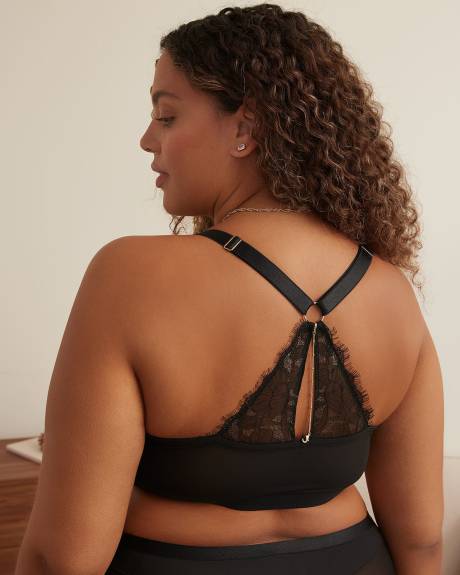 Black Satin Front-Closure Plunge Bra with Gold Lace - Déesse Collection
