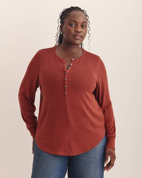 Long-Sleeve Pointelle Ribbed Knit Henley Top