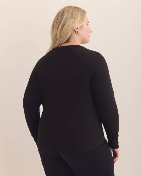 Long-Sleeve Pointelle Ribbed Knit Henley Top