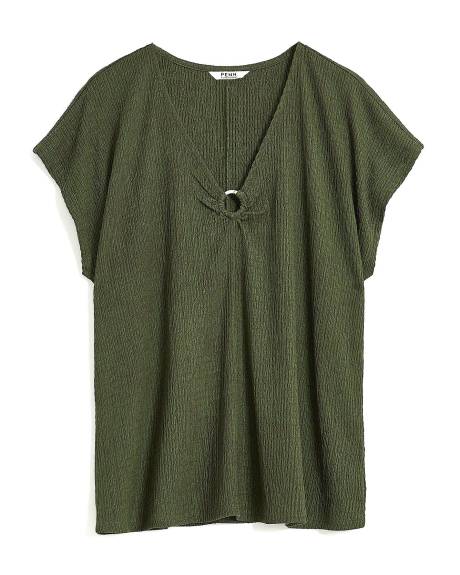 V-Neck Knit Top with Decorative Ring