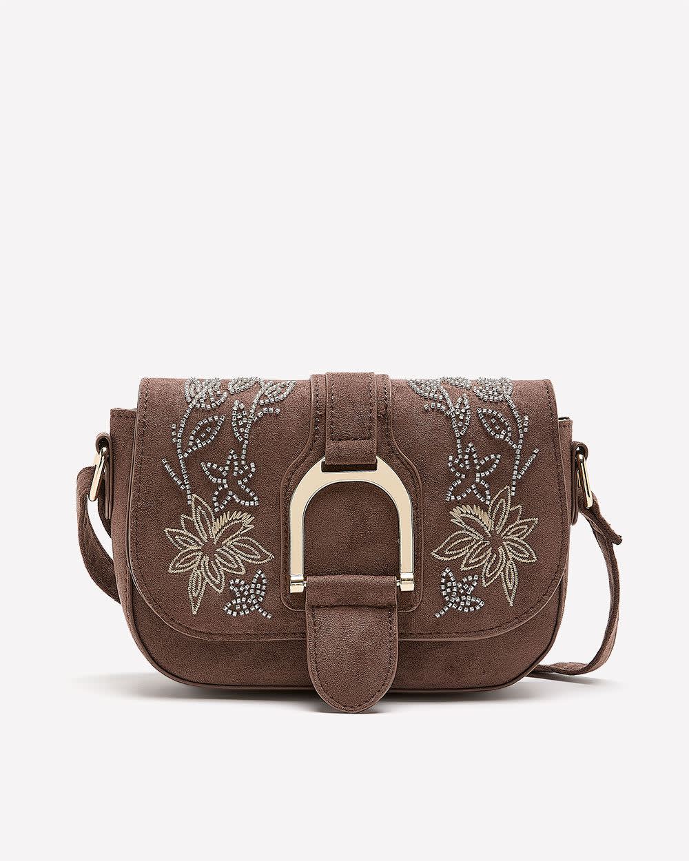 Brown Faux-Suede Embellished Handbag