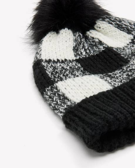 Black & White Plaid Beanie with Pom