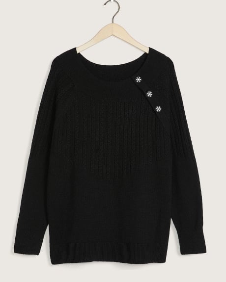 Sweater with Marilyn Neckline and Jewel Button