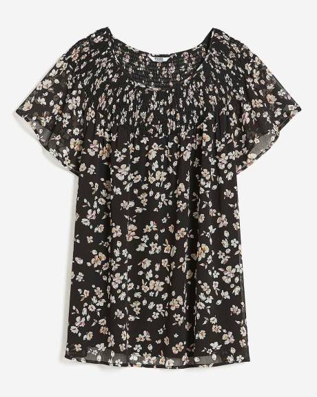 Floral Long Blouse with Smocked Neckline