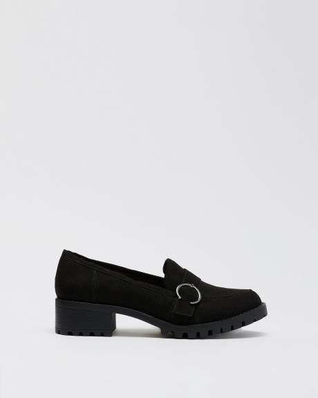 Flâneur surélevé noir en suède avec boucle de ceinture décorative, pied très large