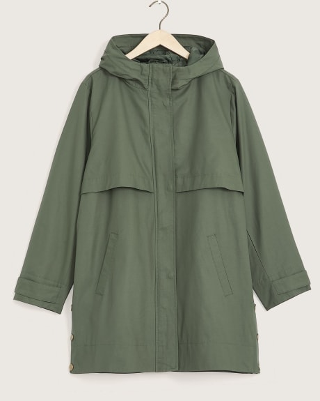 Water-Repellent Hooded Coat with High-Low Hem