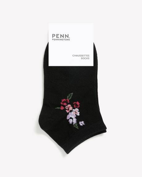 Black Ankle Socks with Flower Print