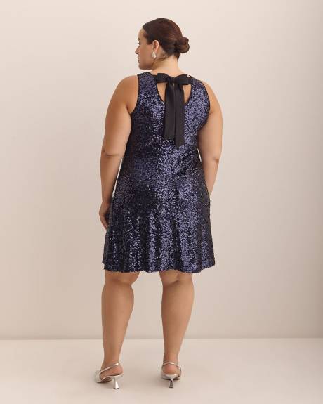 Flared Sequined Sleeveless Dress with Back Bow