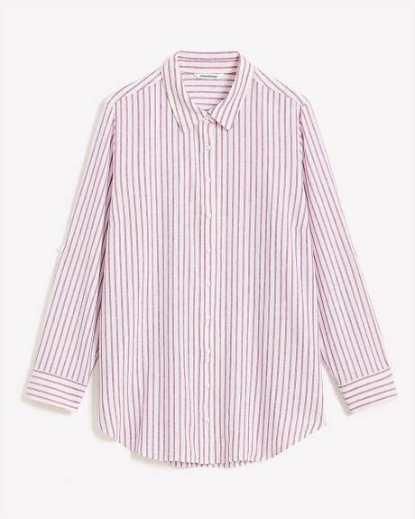 Striped Linen Blend Buttoned Down Shirt with Rolled-Up Sleeves