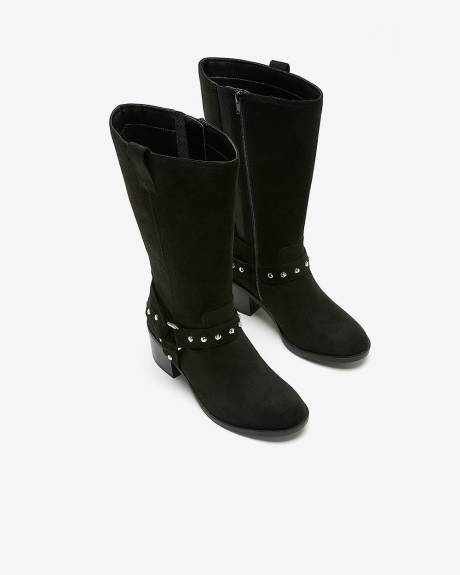 Extra Wide Width, Black Mid-Calf Boot with Studded Harness