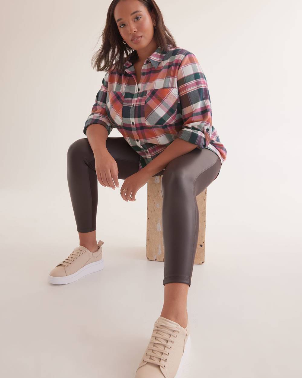 Plaid Flannel Shirt with Rolled-Up Sleeves