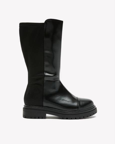 Botte mi-mollet en faux cuir et néoprène, pied très large