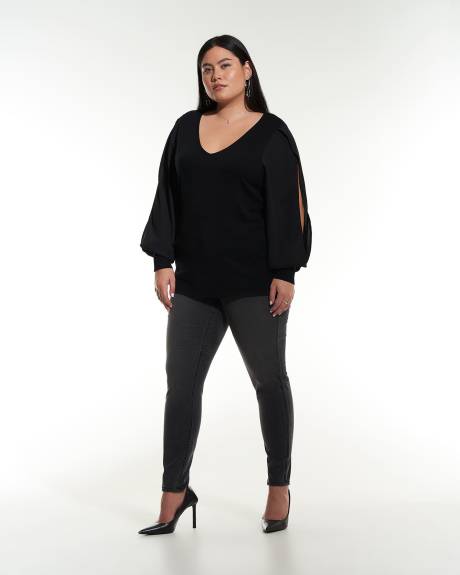 Pull en tricot noir avec manches en chiffon - Addition Elle