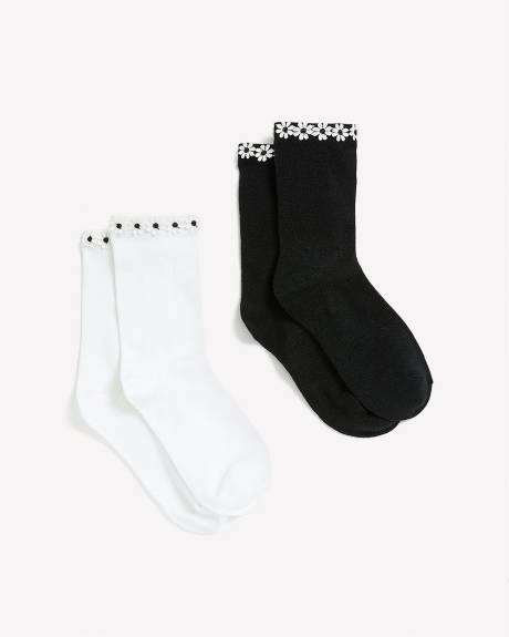 Chaussettes courtes à rebords ornés de fleurs brodées, ens. de 2
