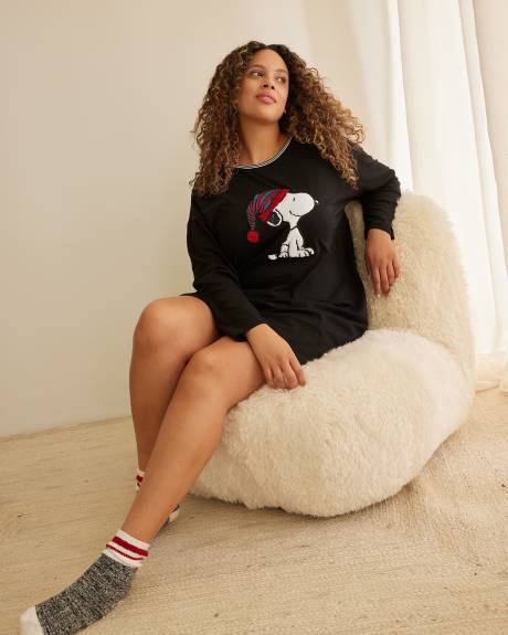 Long-Sleeve Ribbed Nightgown with Snoopy Print - ti Voglio