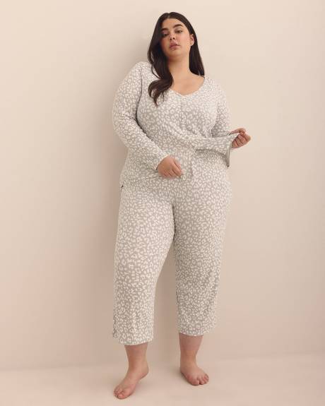 Grey Leopard-Print Cropped Ribbed Pyjama Pant - Déesse Collection