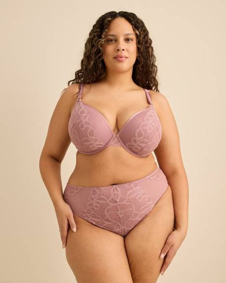 Soutien-gorge pigeonnant en dentelle rose fonc&eacute;, avec armatures - D&eacute;esse Collection