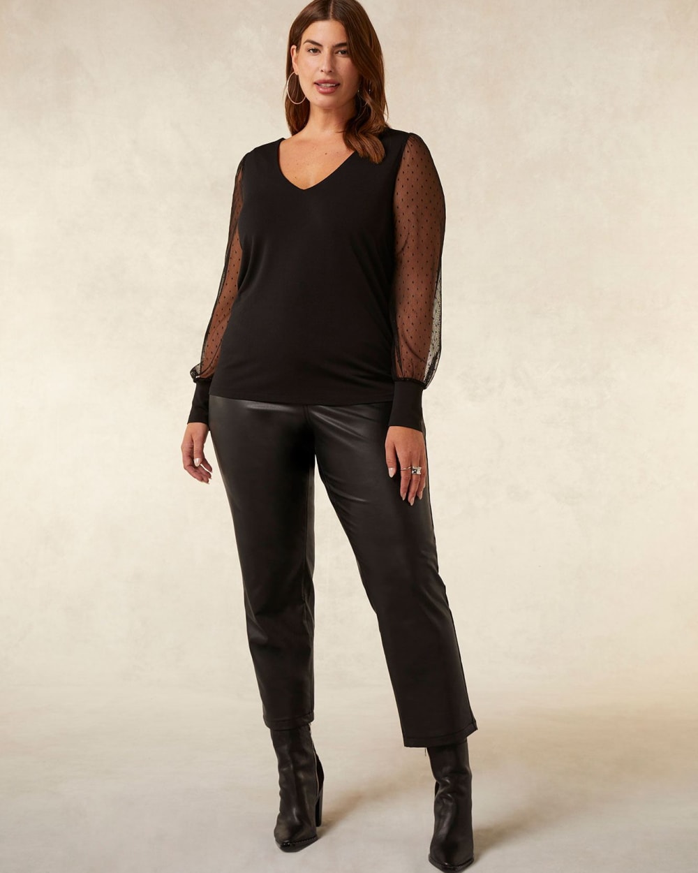 V-Neck Top with Long Mesh Sleeves - Addition Elle