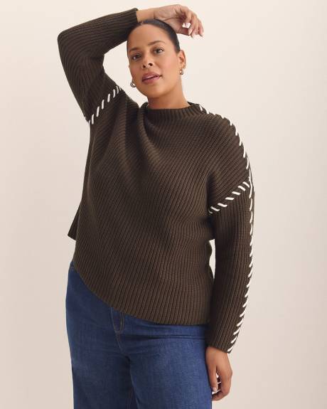 Cotton-Blend Funnel Neck Sweater with Whip Stitch