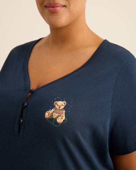 Long Blue Short-Sleeve Sleepshirt with Teddy Bear Placement Print - ti Voglio Long Blue Short-Sleeve Sleepshirt with Teddy Bear Placement Print - ti Voglio