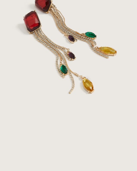 Boucles d'oreilles pendantes avec pierre carrée et petites pierres multicolores