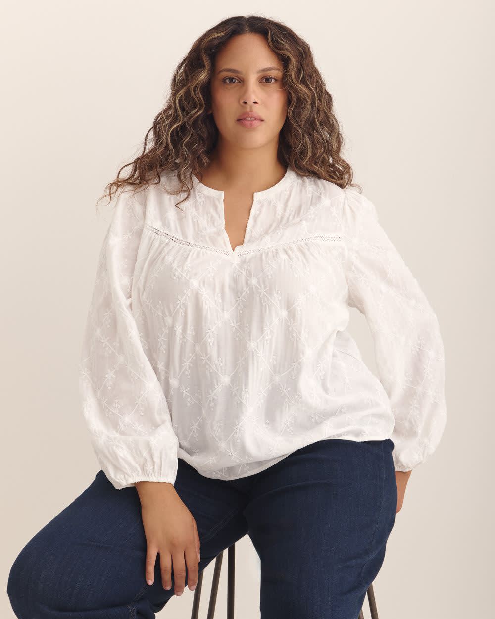 Long-Sleeve Balloon Sleeve Blouse with Trim Detail