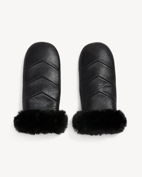 Black Leather V-Stitch Quilted Mittens with Faux-Fur Cuffs