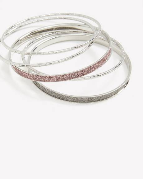 Assorted Bangles with Pink and Zinc Paper Glitter, Set of 5
