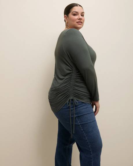 Boat-Neck Knit Top with Side Drawstrings