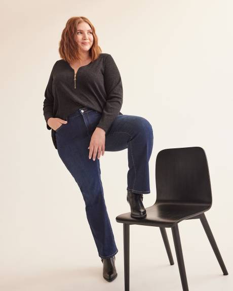 Ribbed Knit Top with Zippered V-Neck