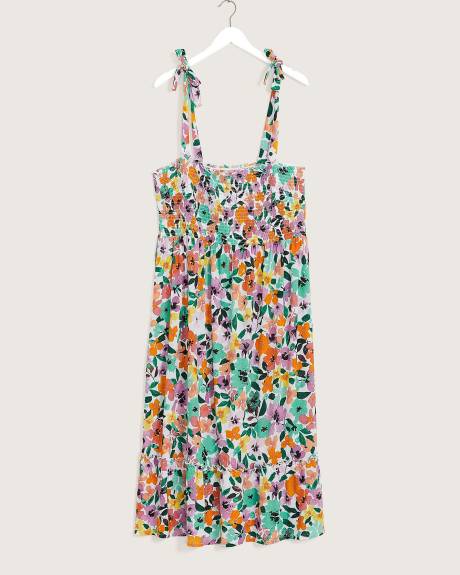 Robe cache-maillot fleurie à haut extensible et bretelles à nouer
