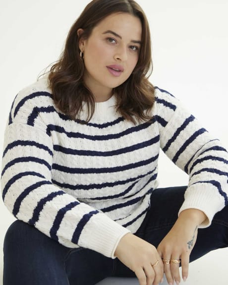 Striped Cotton Boat-Neck Sweater with Cable Pattern
