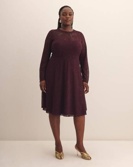 Fit and Flare Long-Sleeve Knit Lace Dress