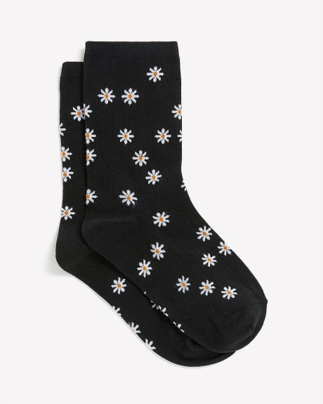 Black Crew Socks with Daisies Print