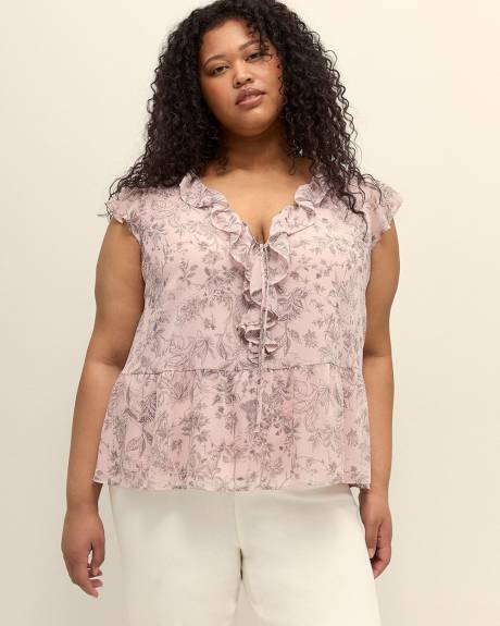 Blouse à manches courtes et col en V à volants