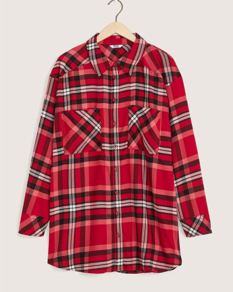 Plaid Flannel Button-Down Tunic Shirt