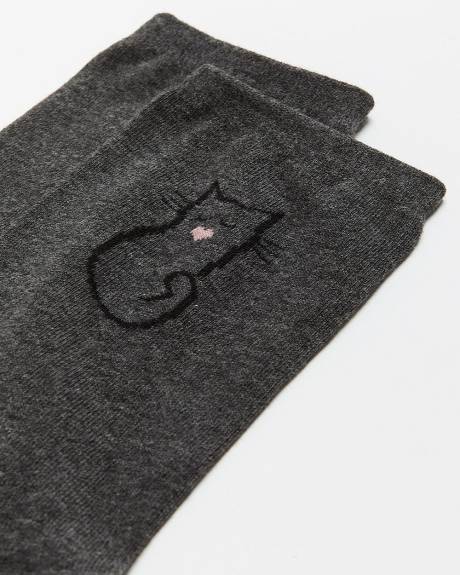 Grey Crew Socks with Cat Outline Print