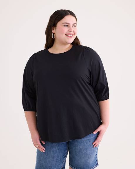 Crew-Neck Knit Top with Puffy-Sleeves