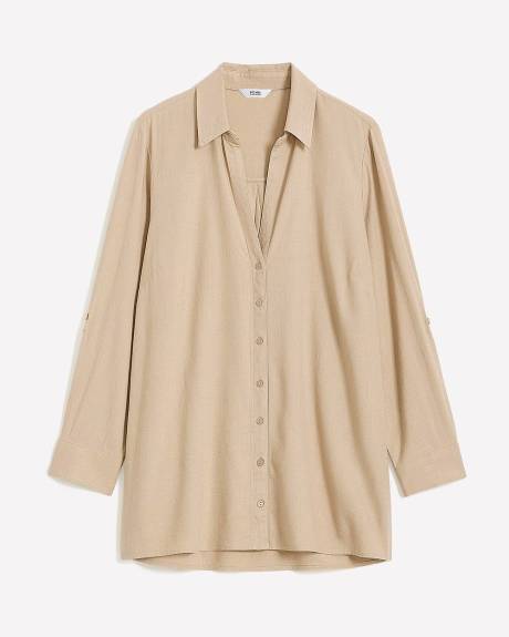 Linen Blend Tunic Shirt with Rolled-Up Sleeves