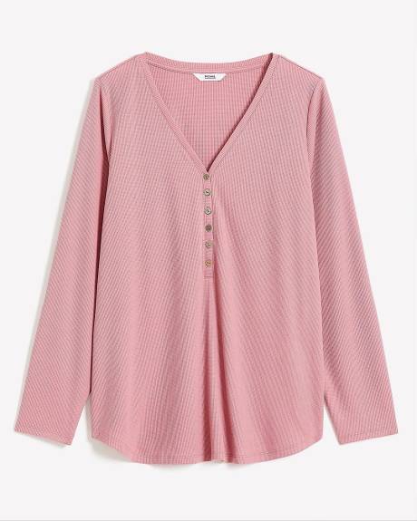 Long-Sleeve V-Neck Henley Knit Top