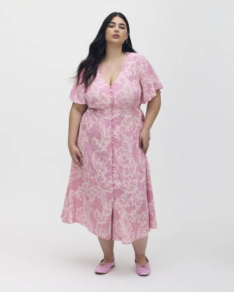 Buttoned Midi Dress with Flutter Sleeves - Addition Elle