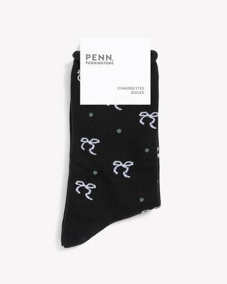 Black Rolled-Edge Crew Socks with Bow Print