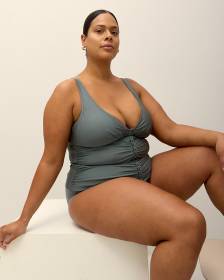 Green V-Neck Shirred Tankini Top with Braided Detail