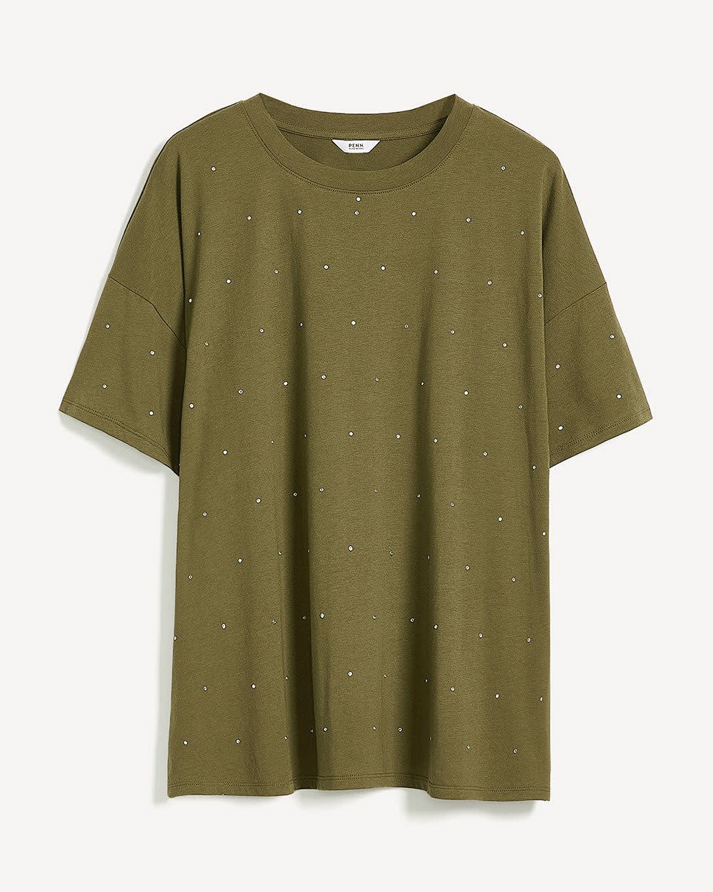 Crewneck Knit Top with Leaf Rhinestone Embellishment Crewneck Knit Top with Leaf Rhinestone Embellishment