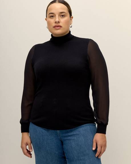 Black Turtle Neck Sweater with Chiffon Sleeves - Addition Elle