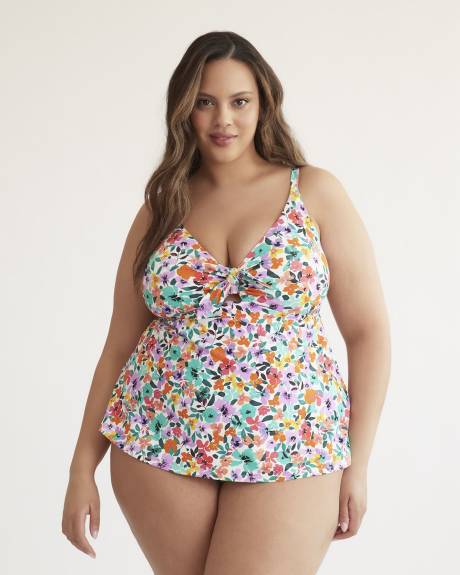 Floral Knotted V-Neck Swimdress with Peekaboo