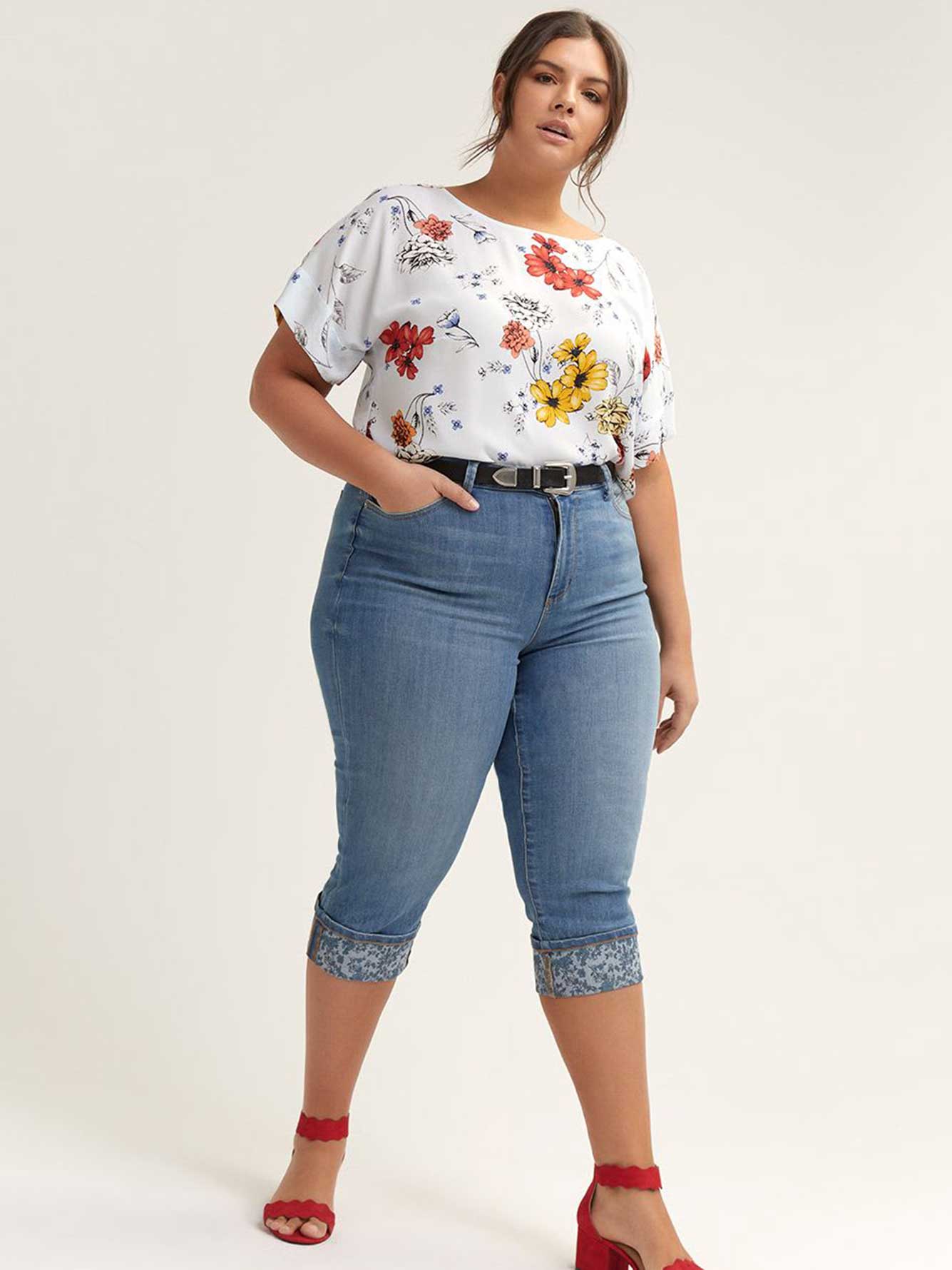 Slightly Curvy Straight Leg Capri with Printed Rolled Cuffs - d/C JEANS ...