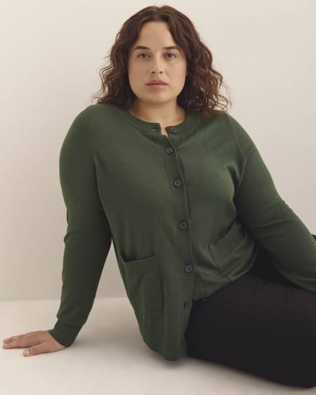 Responsible, Buttoned-Down Cotton Blend Crewneck Cardigan
