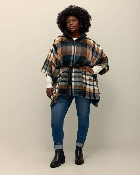Puffer-Neck Belted Plaid Cape with Front Zipper