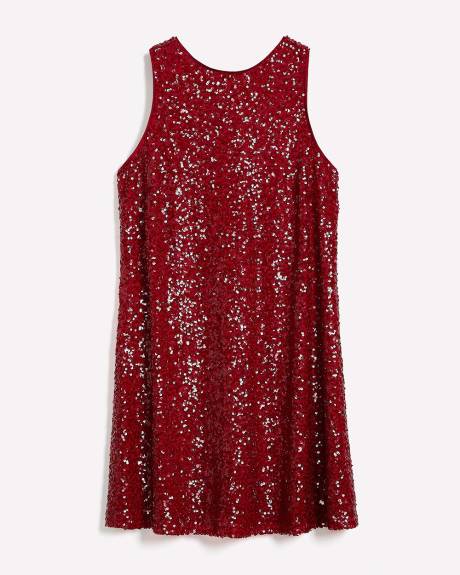 Red Flared Sleeveless Sequins Dress with Back Bow